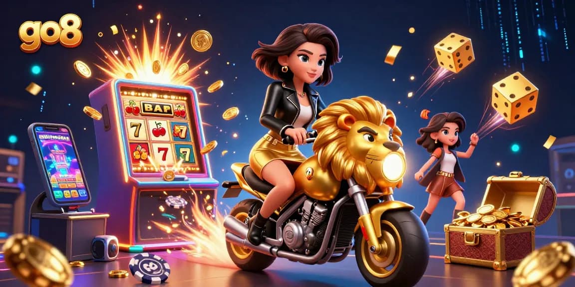 Play exciting games at go8 with a glamorous 3D scene featuring casino elements and lively characters.