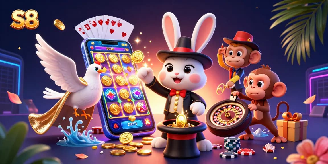 Spin the slots and win with S8 in a vibrant 3D casino scene showcasing magical elements.