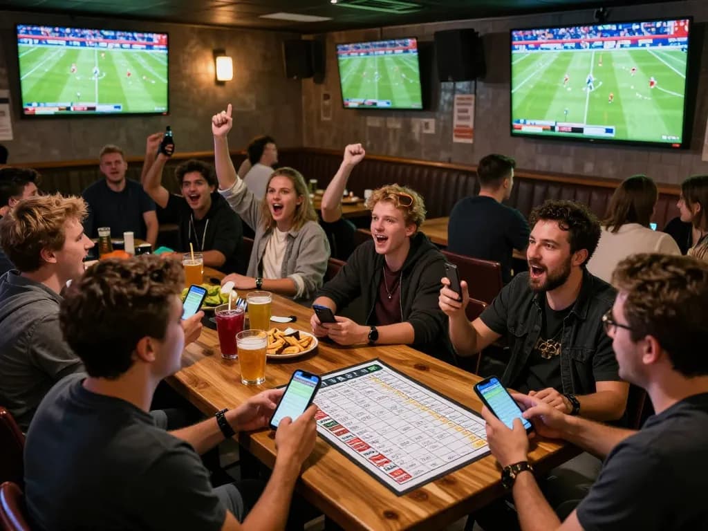 Cakhia enthusiasts passionately engaging in live sports betting at a bustling sports bar atmosphere.