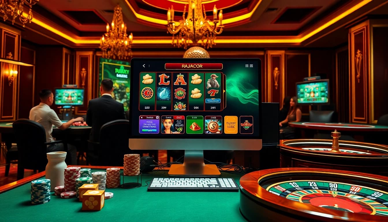 Engaging scene with RAJAGACOR online slot games and traditional casino elements