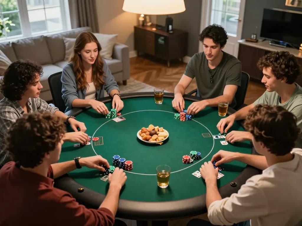 Players enjoy a strategic poker game night at home while engaging with TIP88 for exciting bets.