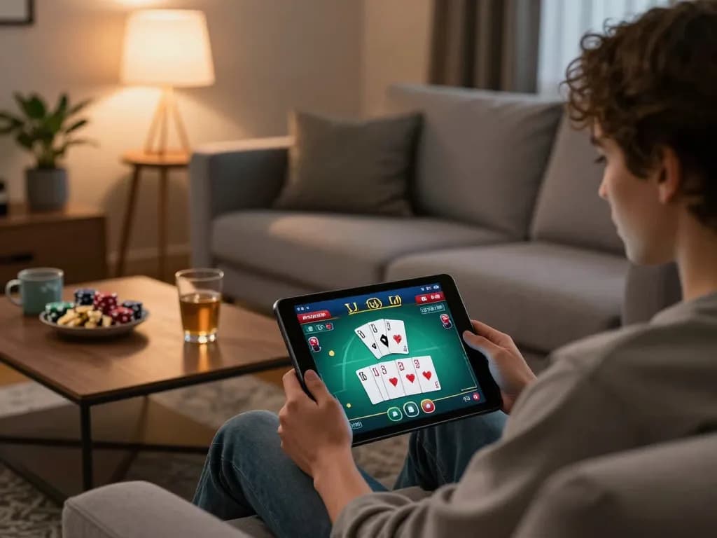 Engaged player using the Trang Chủ O8 casino app on tablet, enjoying a cozy home gaming experience.