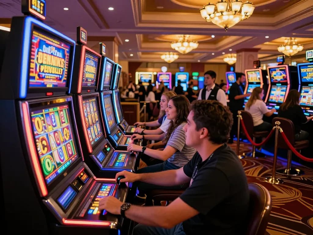 Players spinning reels in excitement at HIT CLUB casino, vibrant casino floor alive with action.