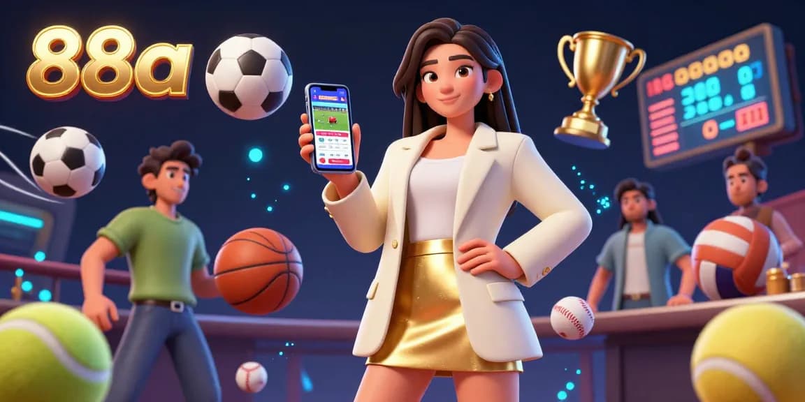 Engage with 88aa sports betting action featuring a friendly Asian woman showcasing a betting app amidst dynamic gaming elements.
