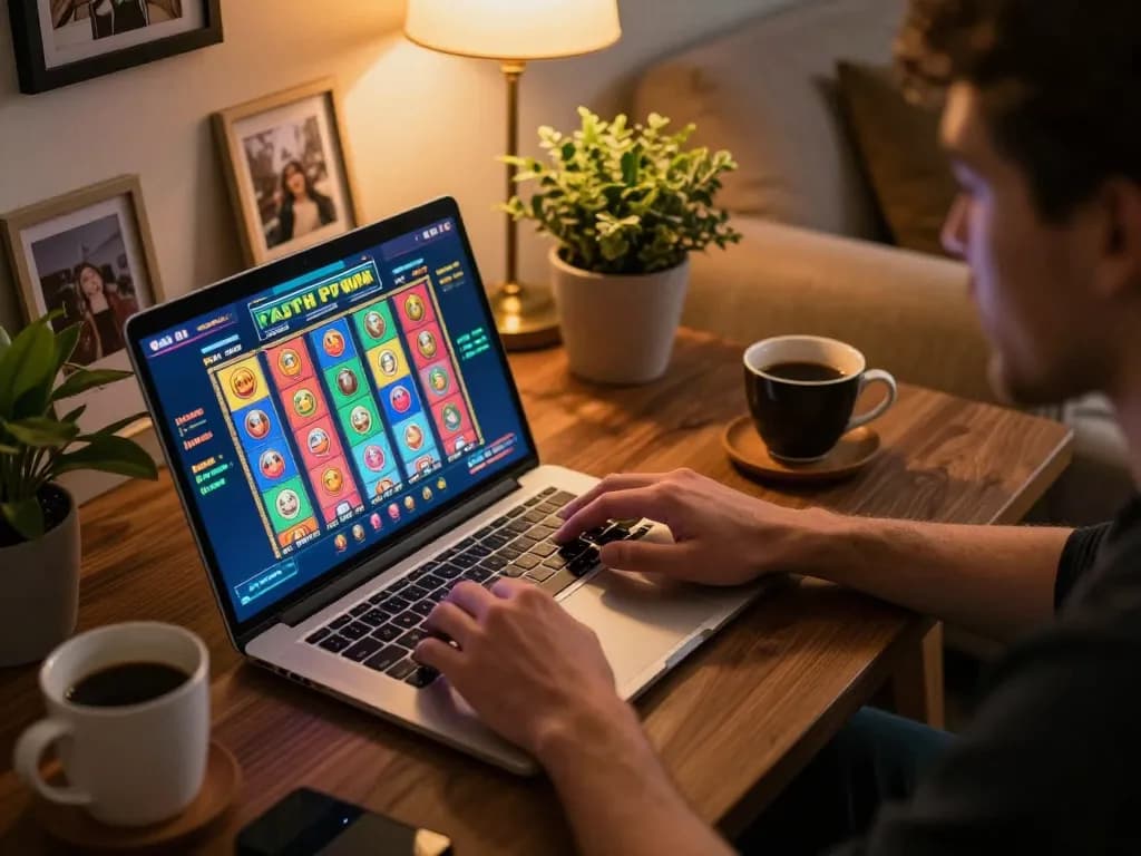 Perhatikan pemain yang terlibat dengan permainan slot toto di laptop dalam suasana rumah yang nyaman penuh dengan cahaya hangat.