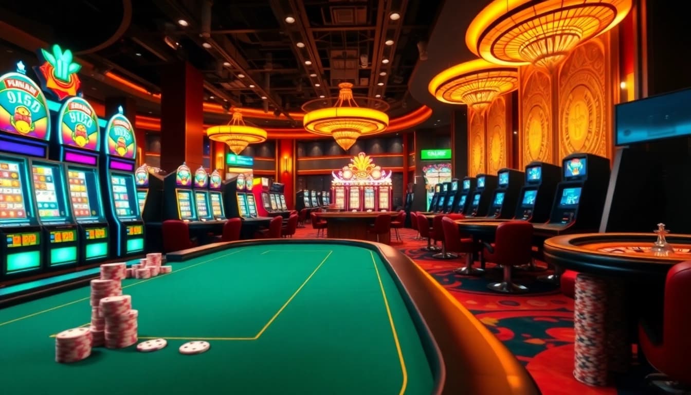 Experience the excitement of new88 with players at a poker table and vibrant slot machines.