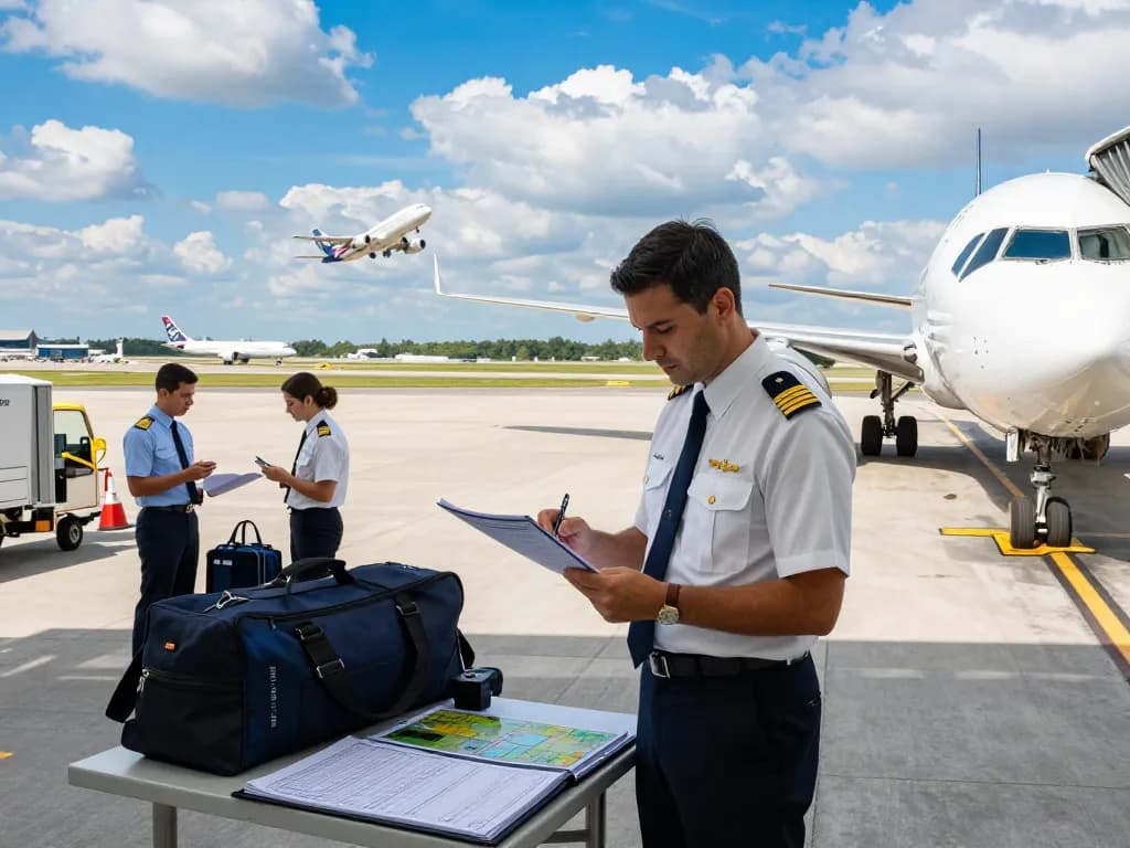 Fly88 pilot preparing for takeoff at a bustling airport with colleagues.