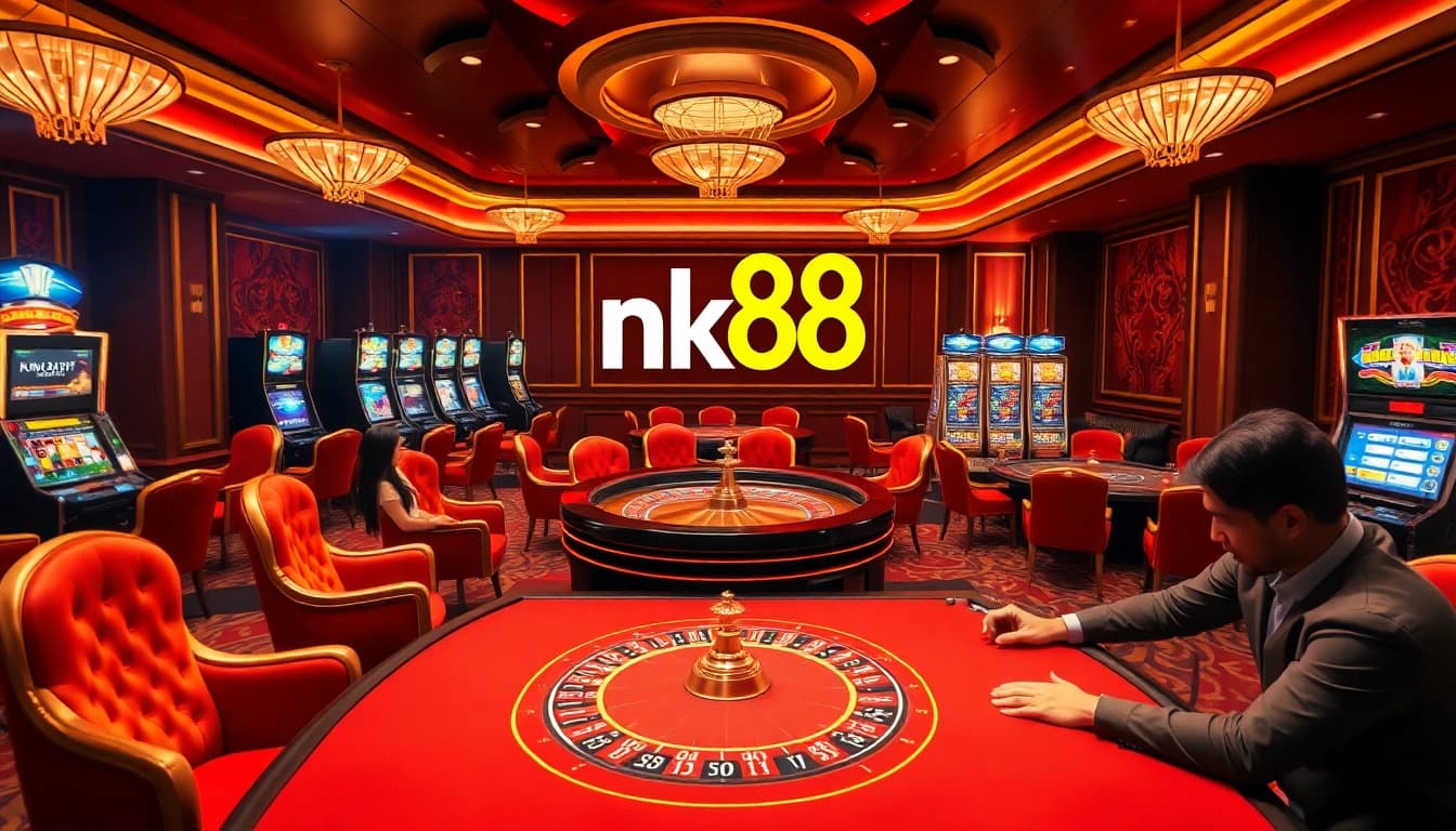 Players immersed in thrilling casino games at nk88, showcasing vibrant slots and elegant roulette.