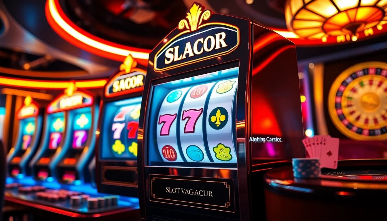 Spin the exciting Slot Gacor machine and win big at the casino, surrounded by vibrant colors.