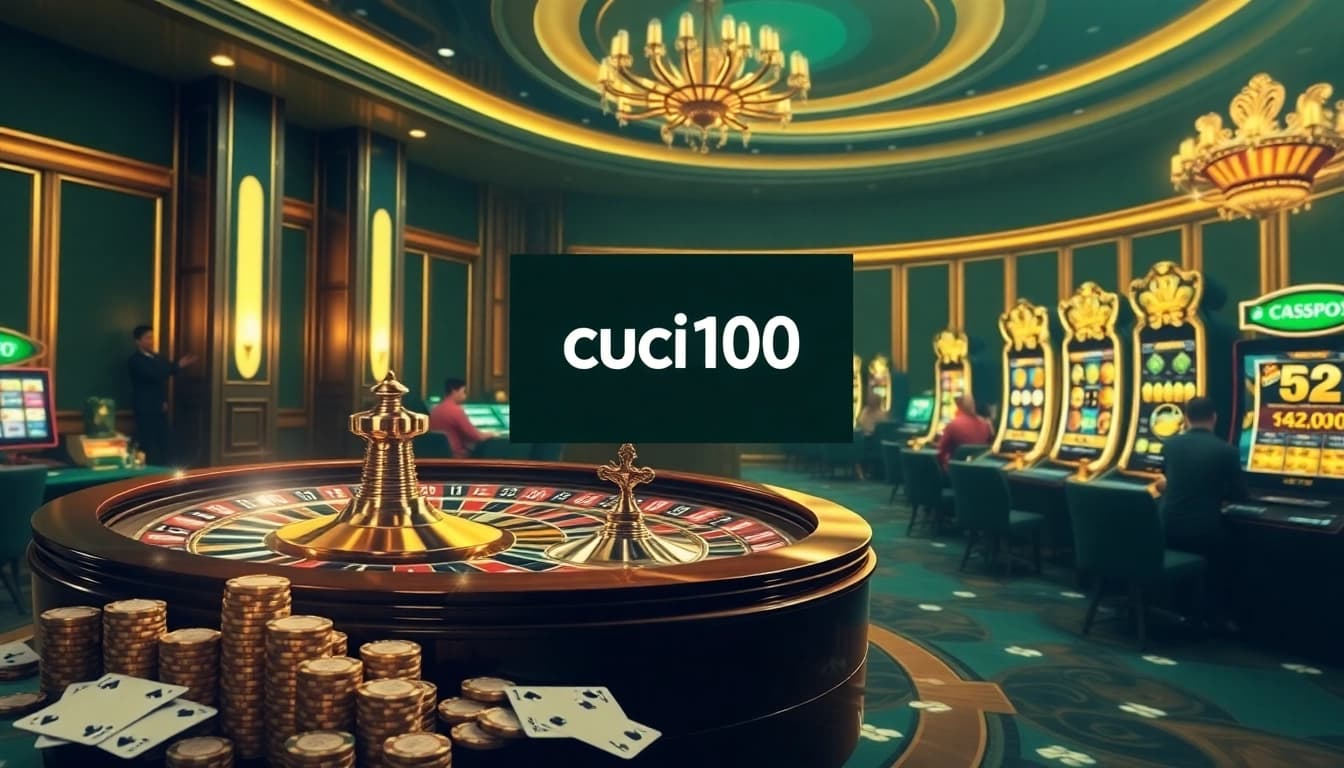 Cuci100 showcases an exciting online gambling platform featuring vibrant slot machines and a roulette wheel.