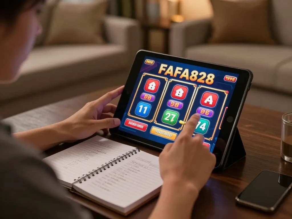 Engaging with FAFA828 slots on a tablet in a relaxed home setup, promoting responsible gaming.