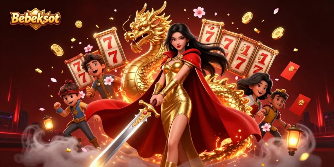 Bebekslot reels spin among vibrant jackpot celebrations featuring a warrior queen and a golden dragon.