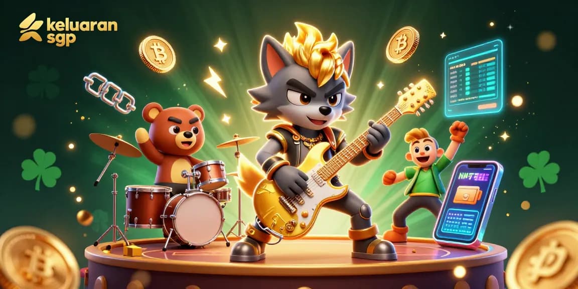 Experience keluaran sgp with an electrifying illustration of a rockstar wolf and wild drummer bear in a casino scene.
