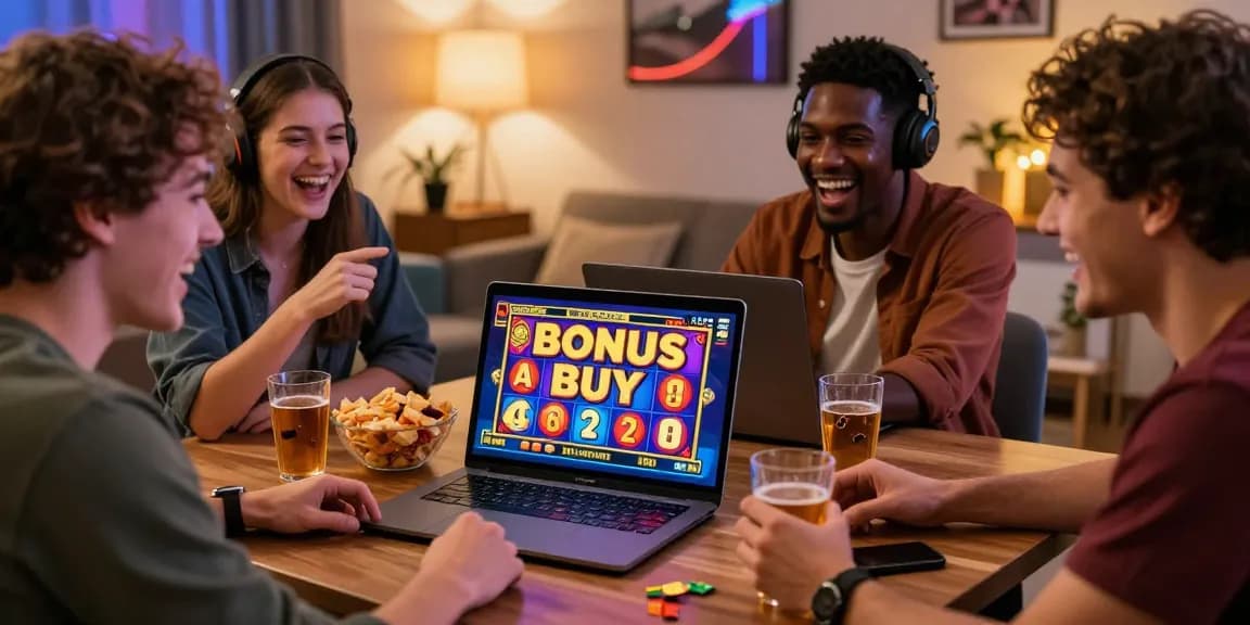 Exciting Bonus Buy slots experience at https://celebratepanto.co.uk/ with friends celebrating a big win together.