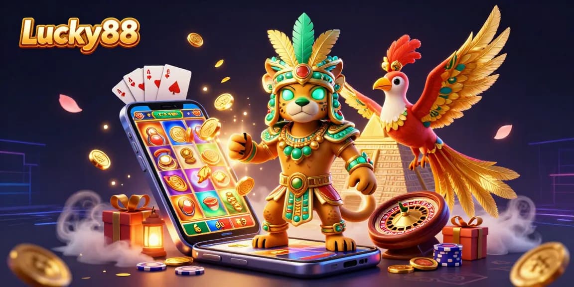Engage with Lucky88's thrilling gaming scene featuring an ancient Mayan priest and dynamic slot elements.