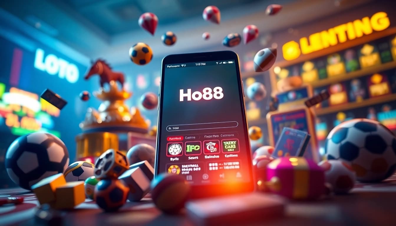 Ho88 app interface displayed on a smartphone surrounded by betting game icons.