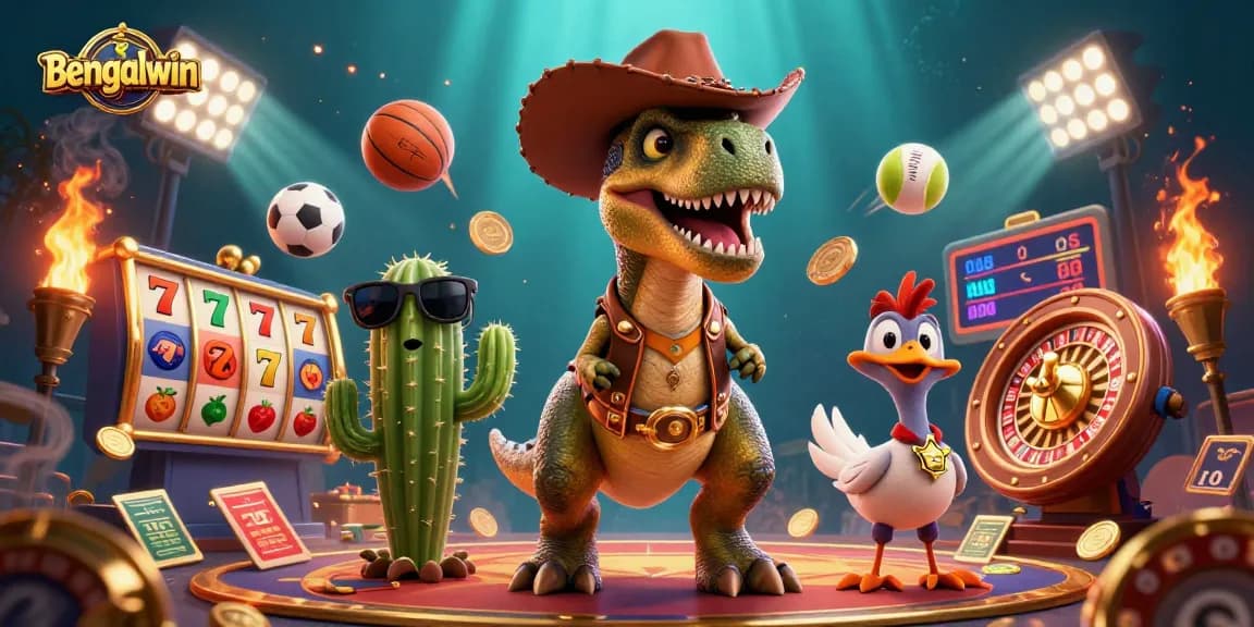 Bengalwin players winning on immersive online gambling experiences with cartoon characters amid dynamic casino elements.
