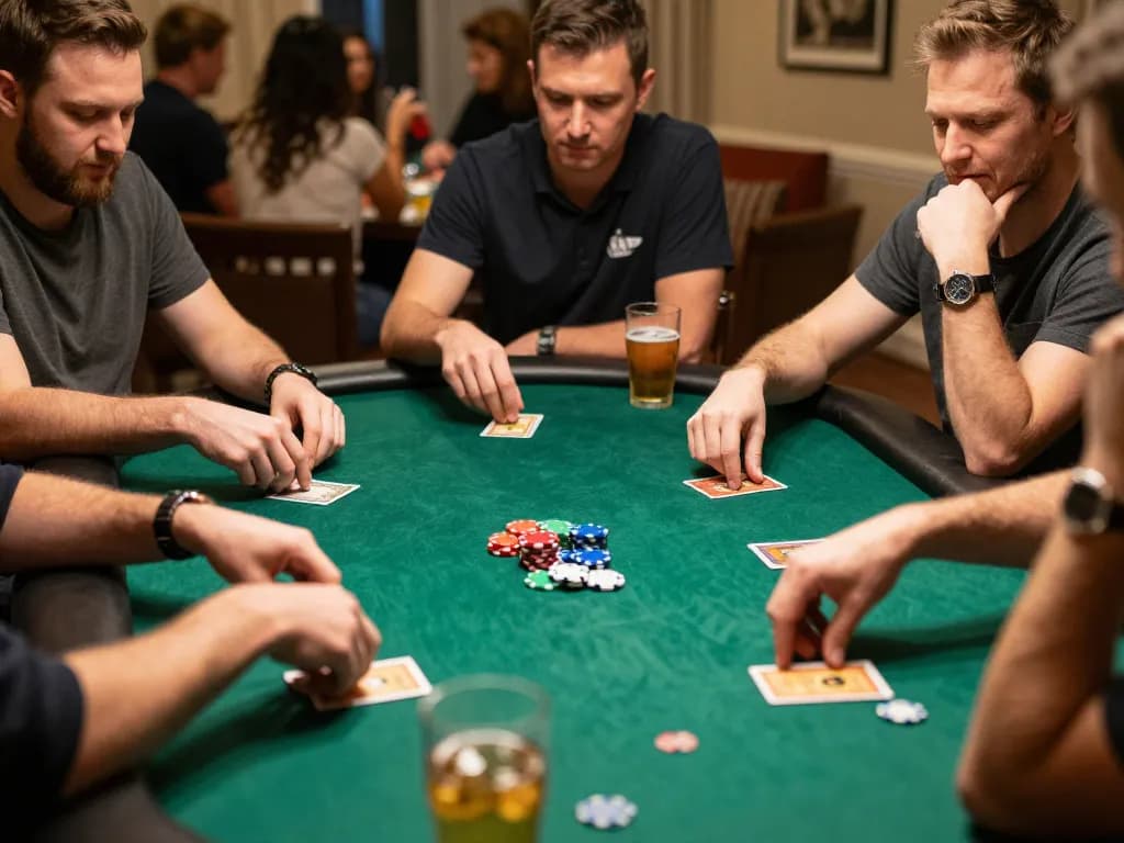 Players strategizing their hands at an open88 poker game night, emphasizing competitive spirit and social engagement
