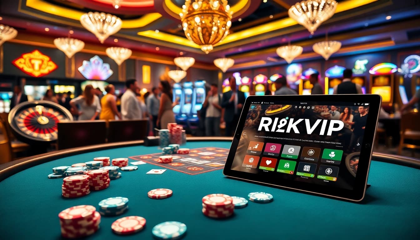 Engaging players at RIKVIP explore thrilling casino games with vibrant poker chips and slot machines.