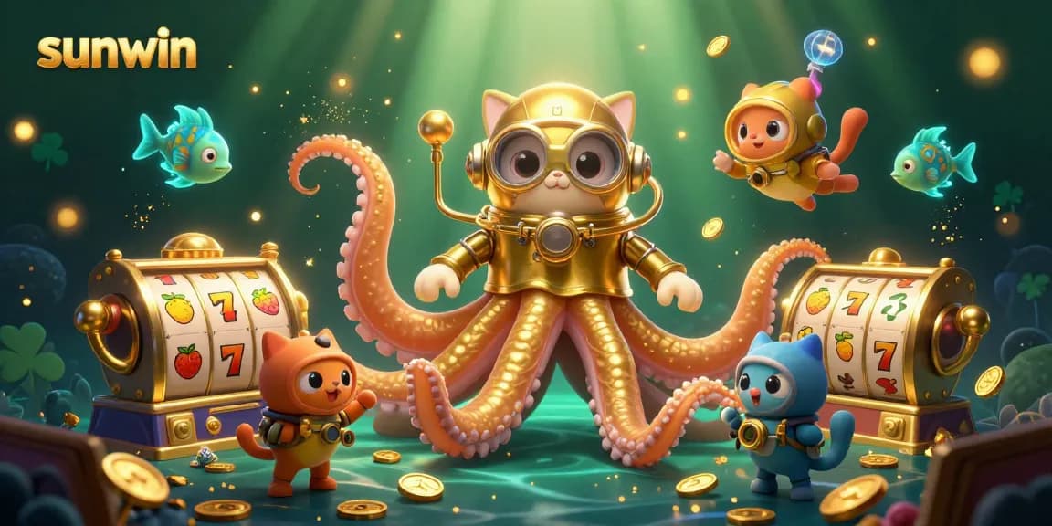Experience thrilling gameplay at sunwin with a dynamic scene of a kraken and diving cat in a casino setting.