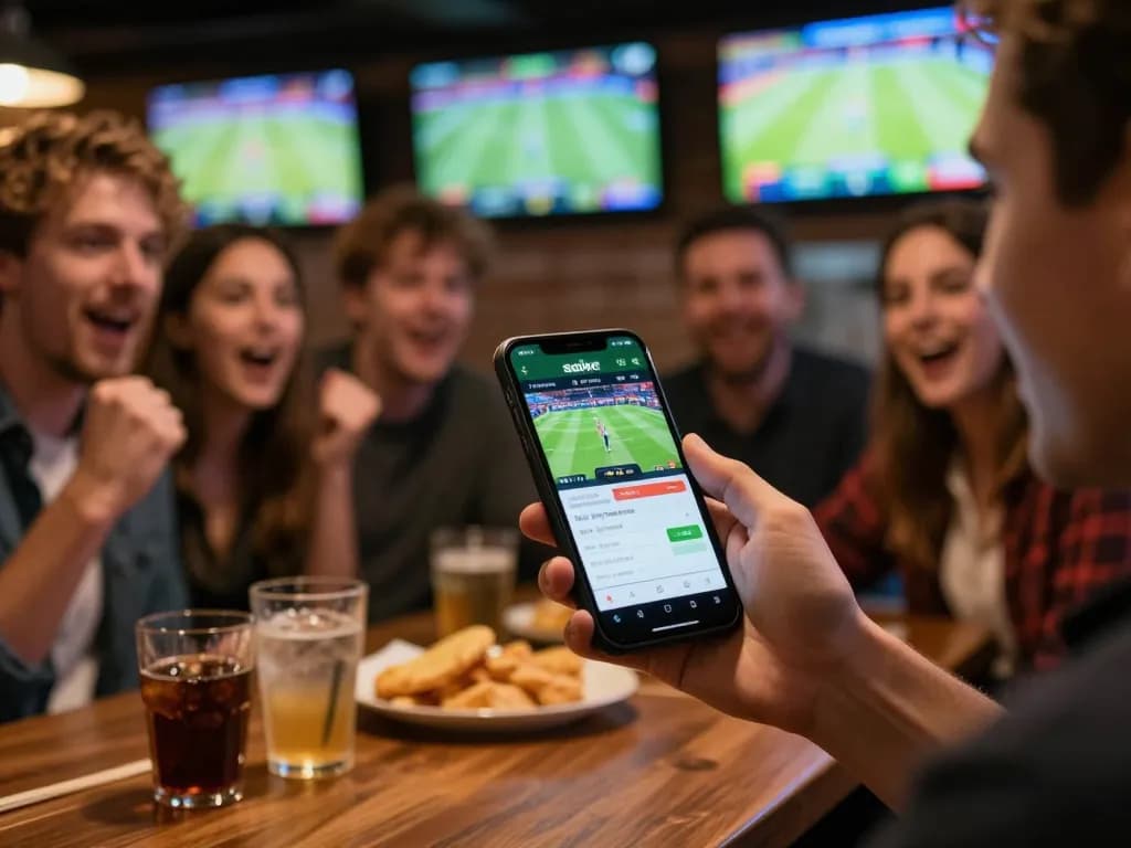 SboBet mobile app user placing bets amid a lively sports bar atmosphere while friends cheer.