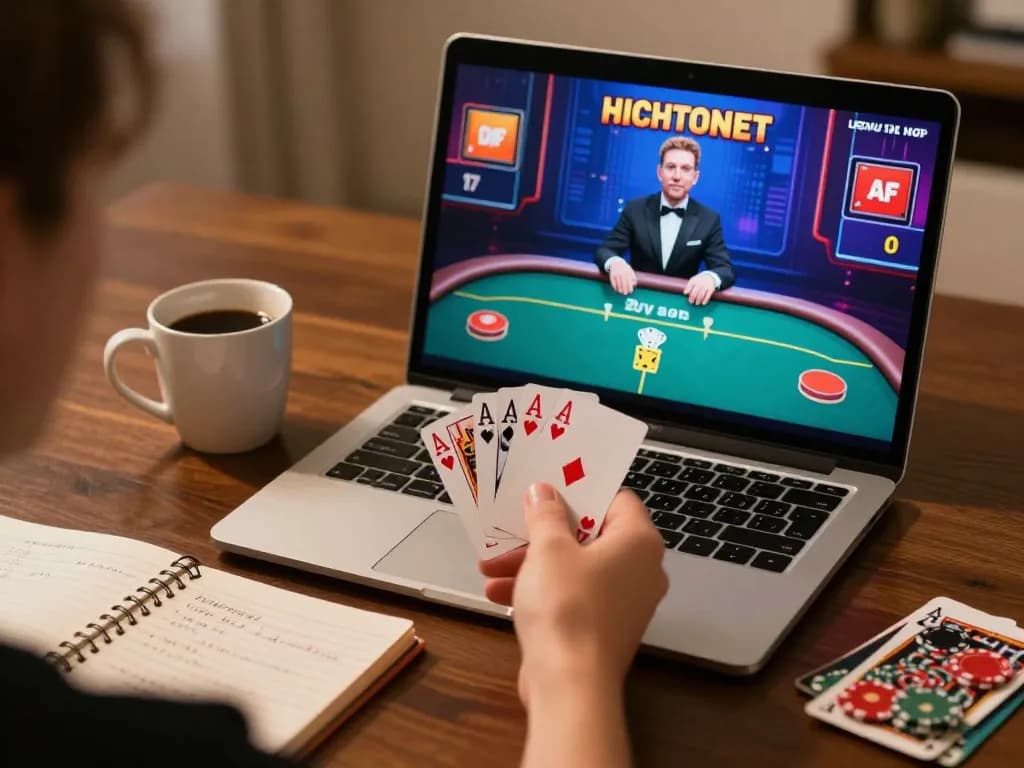 Players strategizing during an intense online poker game 789 on a laptop at home.