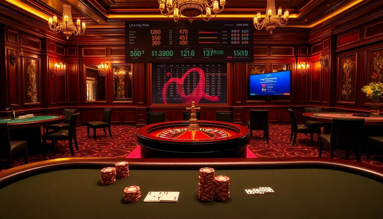 Experience the excitement of lô đề uy tín at a luxurious casino featuring a vibrant roulette wheel and poker tables.