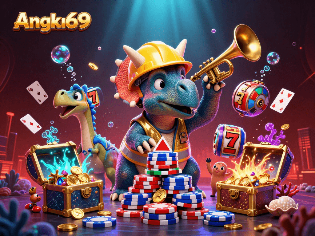 Angka69 engages players in an immersive experience with vibrant slots, poker chips, and celebrating dinosaurs.