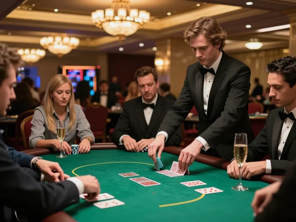 Players strategizing at F8bet casino poker table in upscale environment