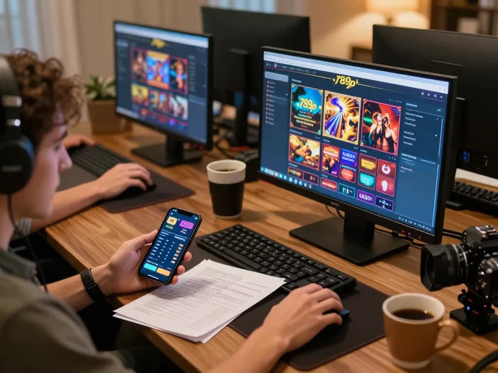 Engaged gambler using 789p interface on multiple screens for strategic online gaming.