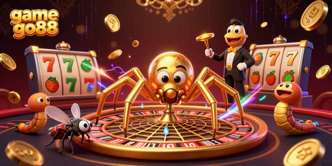 Immerse yourself in game go88 as golden characters spin a roulette web amidst vibrant casino elements.