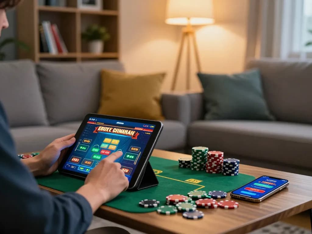 Engaging in cryptocurrency casino gameplay on a tablet in a cozy home setting.