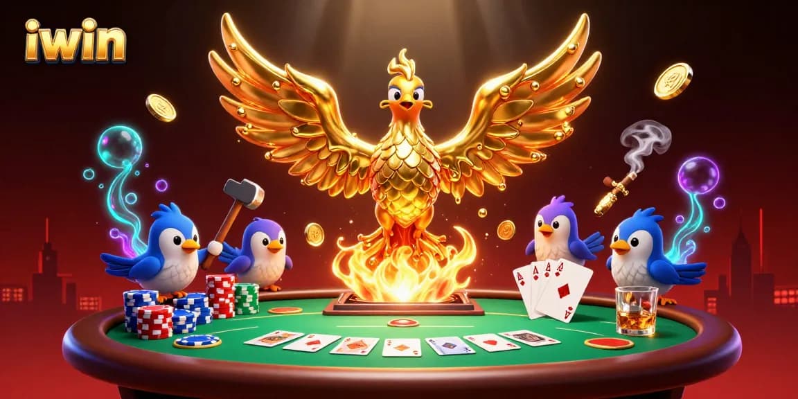 iwin phoenix transforms molten gold into coins, surrounded by poker elements and casino glamour.