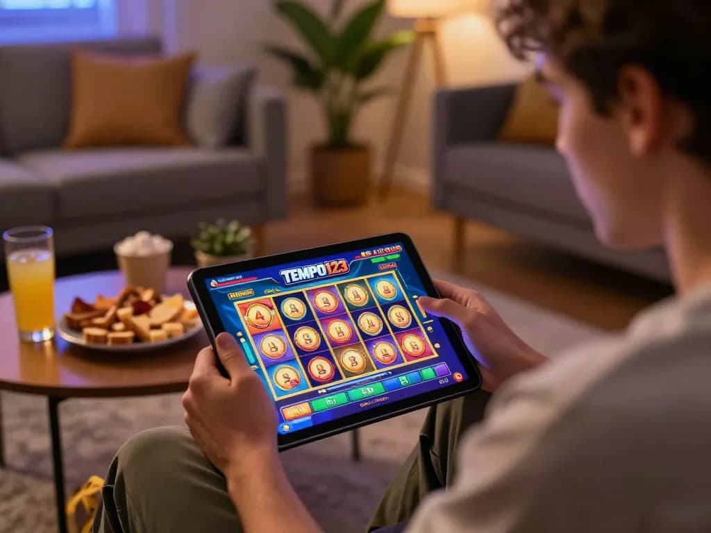 Mainkan Slot Tempo123 di tablet di ruang yang nyaman, menyoroti pengalaman bermain game online yang menarik.