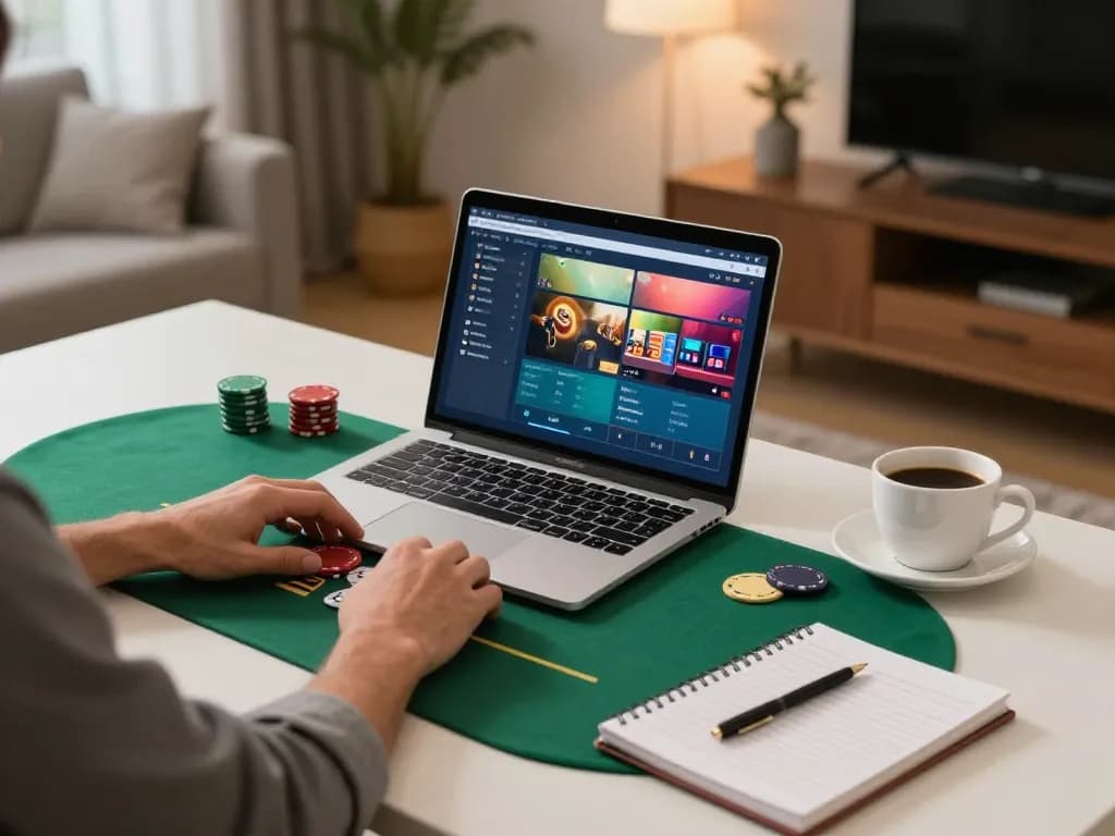 Engaging online poker gameplay at home using https://rr88.navy/ on laptop with strategic notes.