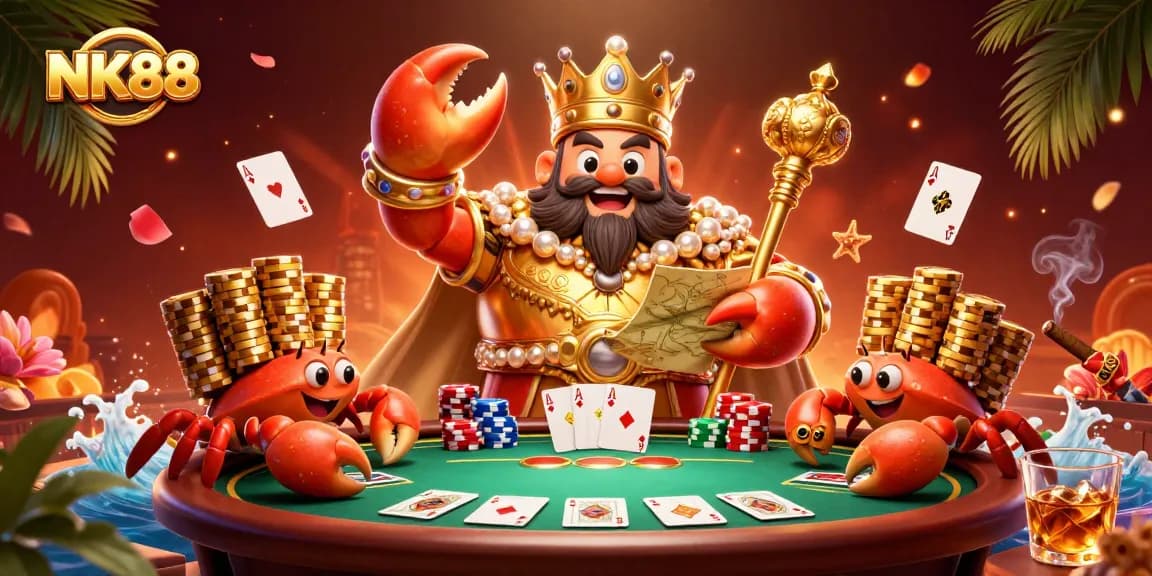 Engage in thrilling gameplay at NK88 with a vibrant 3D casino scene featuring a golden crab emperor.