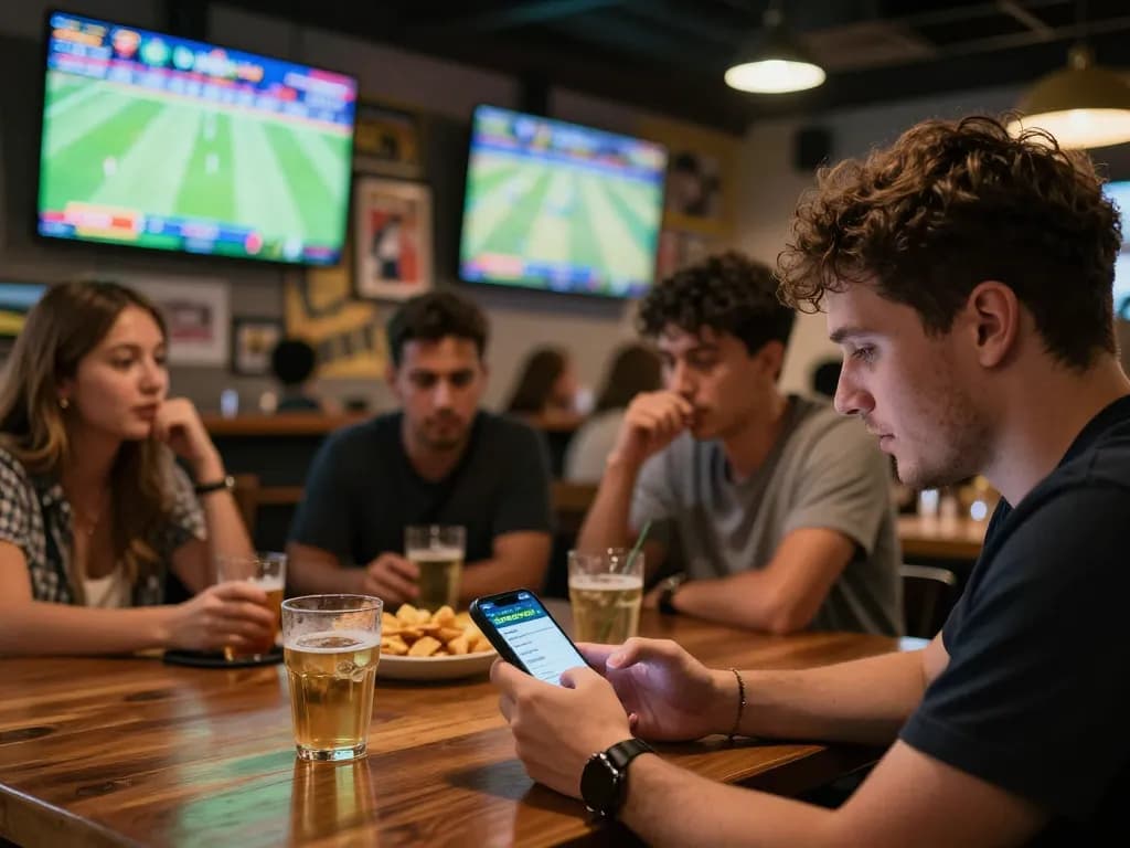 SBOBET88 betting app in use at a lively sports bar during live matches with friends