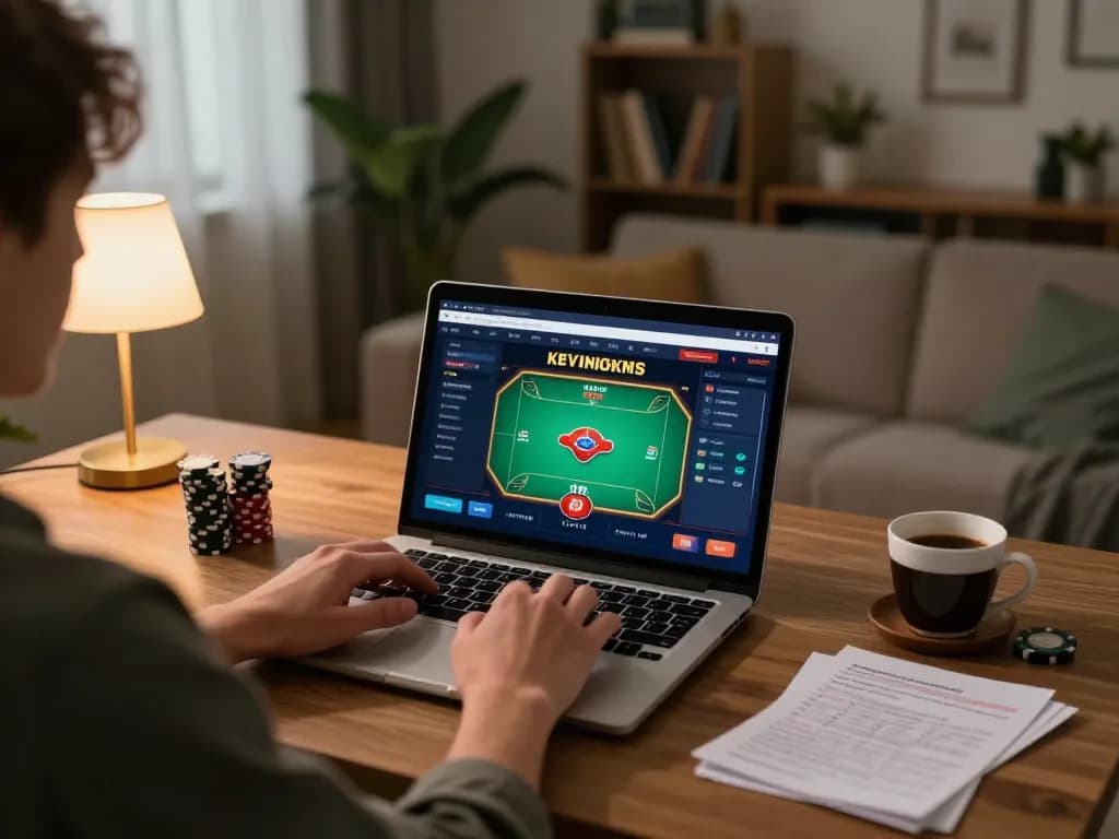 Player engaged in an online poker game at home, showcasing the exciting bk8 gaming experience.