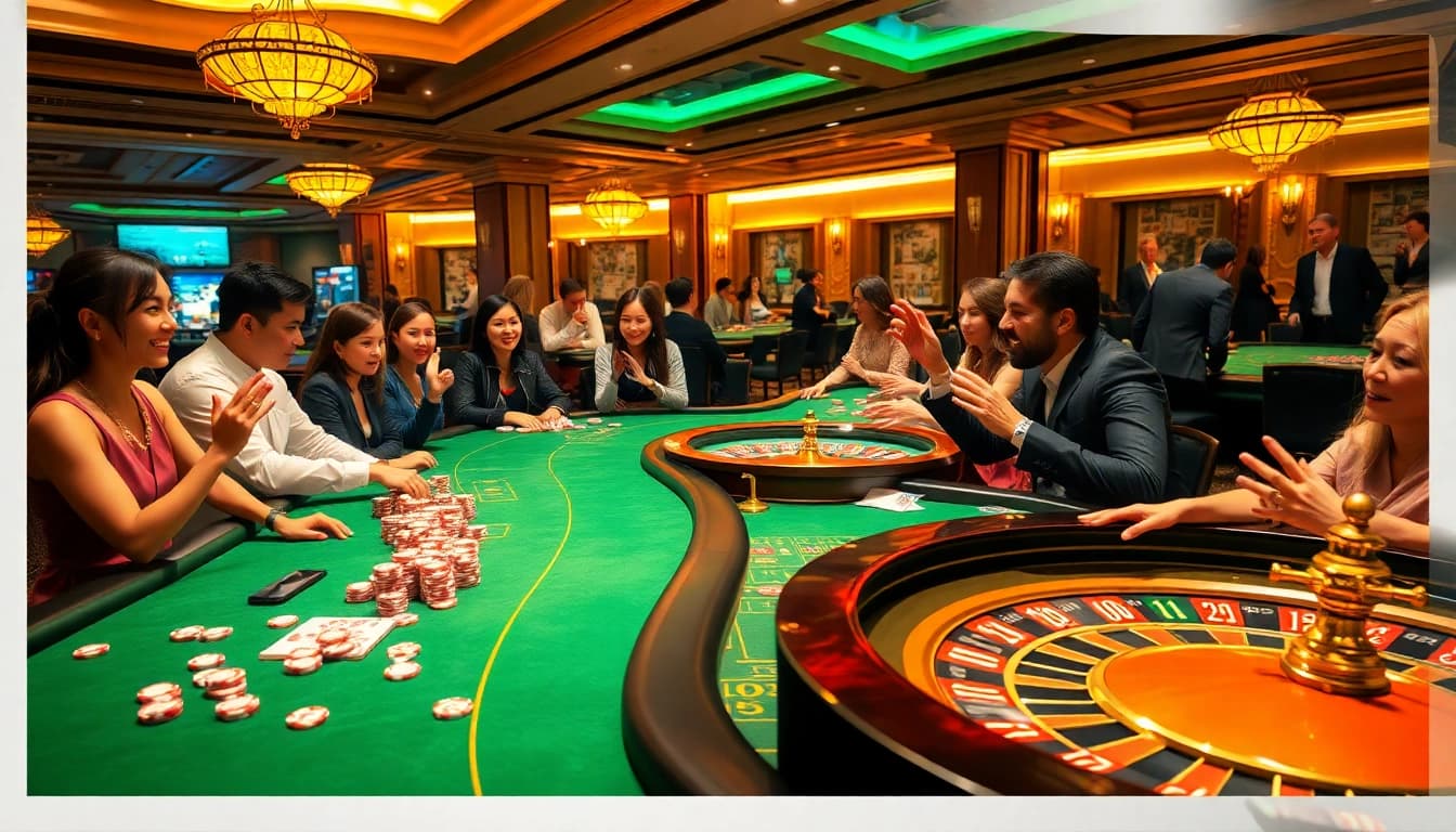 Exciting scene showcasing players engaged in various game bài đổi thưởng at a luxury casino.