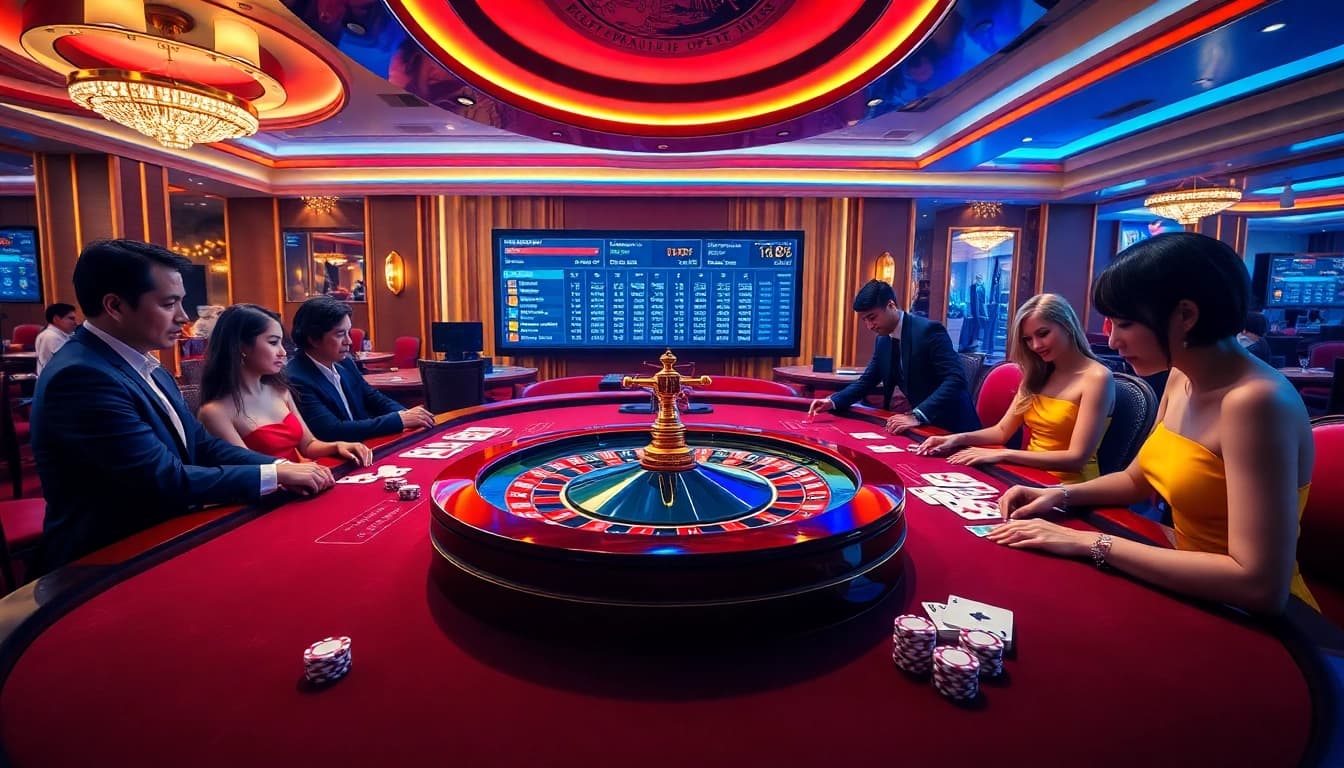 Engage with ta88 online gambling at a luxurious casino table with vibrant roulette and poker elements.