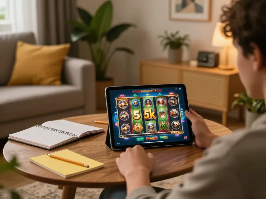 Player enjoying slot 5k online gaming experience on tablet in cozy home setting.
