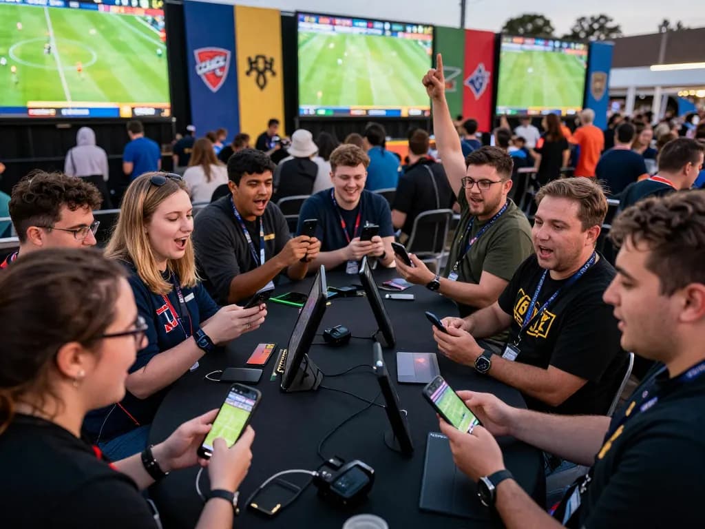Fans engaged in Parlay Skor88 betting during a sports event, showcasing mobile betting activity and excitement.