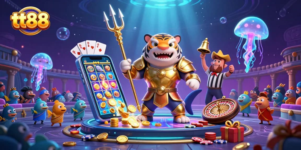 tt88 engages players with vibrant underwater casino action featuring a shark in gladiator armor.