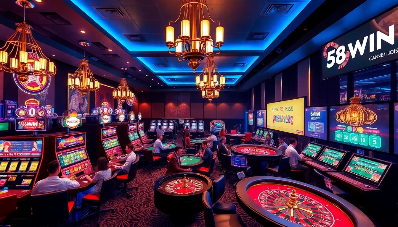 Players enjoying thrilling games at the upscale 58WIN virtual casino, filled with vibrant slot machines and poker tables.