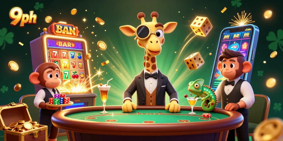 Experience vibrant wins at 9ph with a lively illustration of a high-roller giraffe and casino fun.