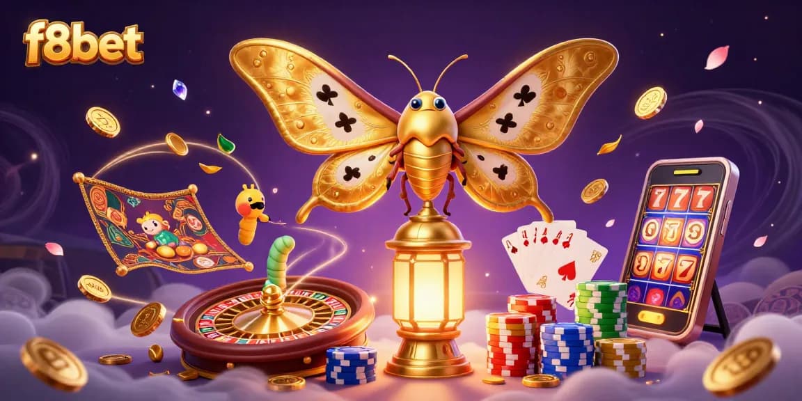 Experience the vibrant world of f8bet with a magical casino-inspired scene featuring a majestic moth and dazzling gaming elements.
