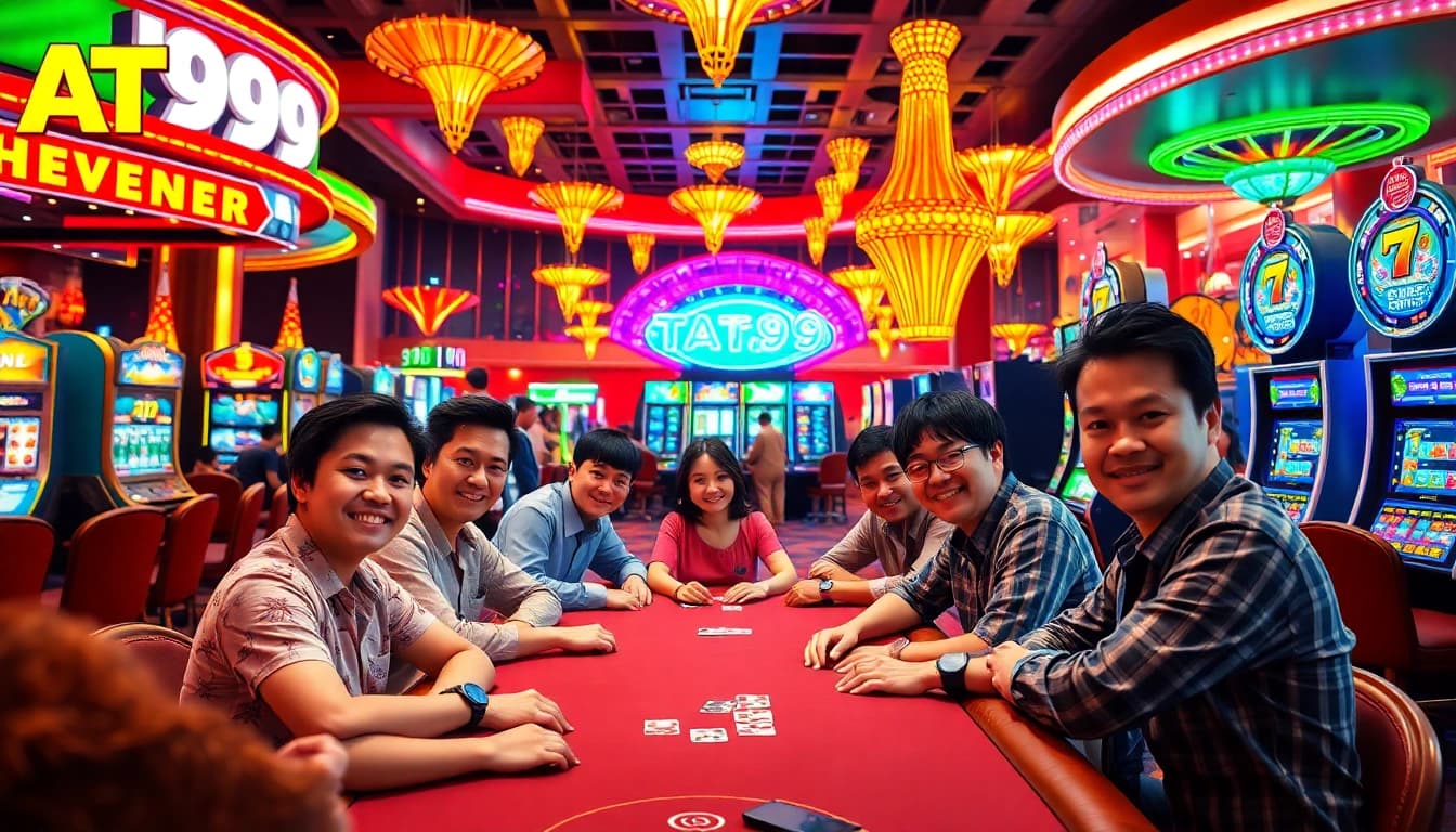 Engaging players enjoying games at AT99娛樂城 in a lively casino atmosphere.