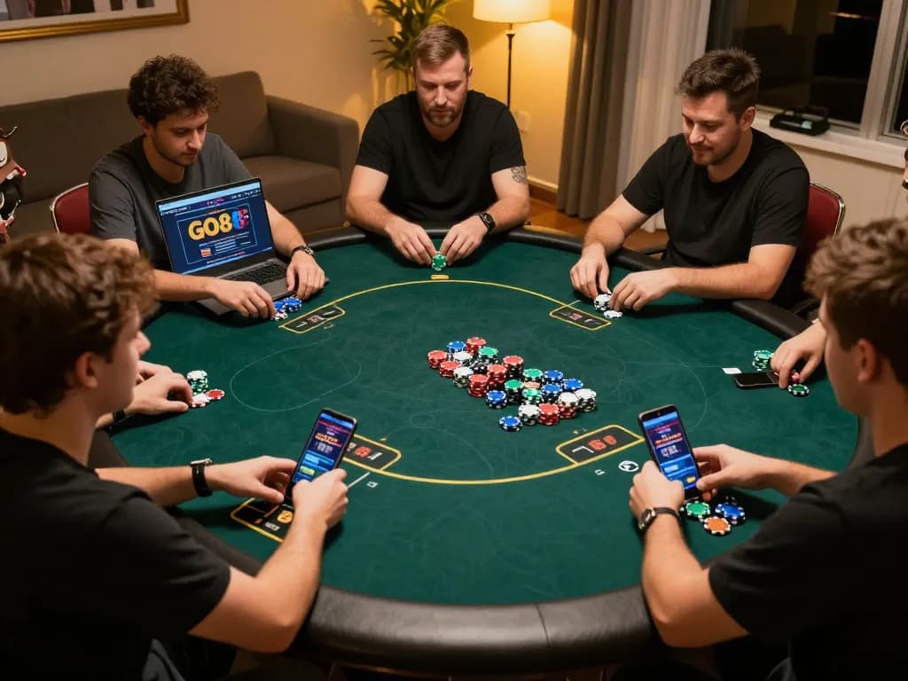 Engaging players strategizing in GO88 online poker game, showcasing a vibrant home setting with devices.