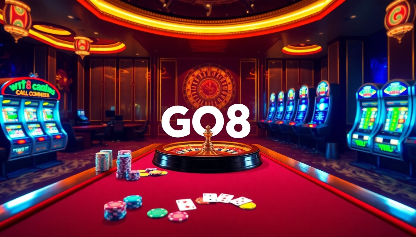 Experience the excitement of gambling in a luxurious casino setting with GO8 branding elements featured.