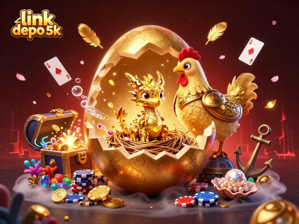 Spin and win with link depo 5k in a vibrant casino scene featuring golden dragon and poker chips.